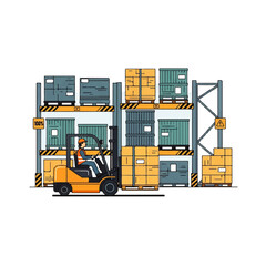 Naklejka premium Vector flat design illustration of a forklift truck moving boxes in a warehouse storage facility with shelves
