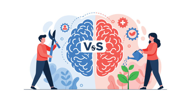 Creative illustration of two people nurturing different sides of a human brain representing logic and creativity.
