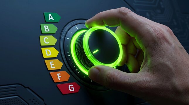 Hand adjusts a glowing dial on an energy efficiency rating panel to demonstrate power consumption control and environmental sustainability practices for modern household appliances and industrial.