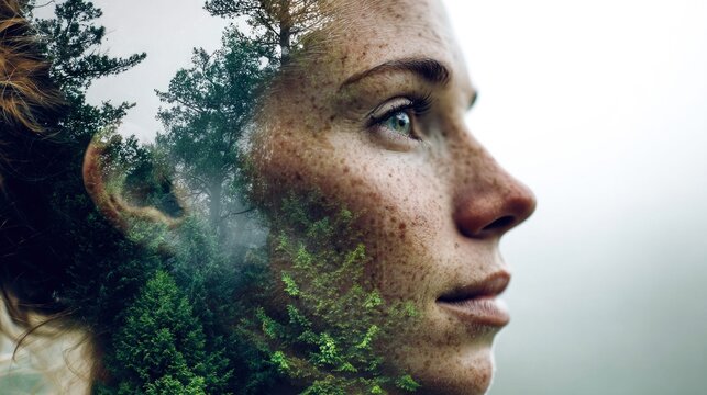 Double exposure of a woman's face superimposed with a dense forest landscape