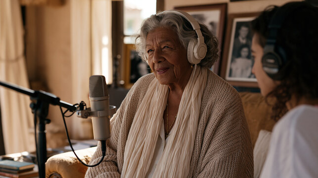 Retired schoolteacher narrating memories into a microphone for a living archive project inside her modest sitting room, a young ethnography student operating recording equipment