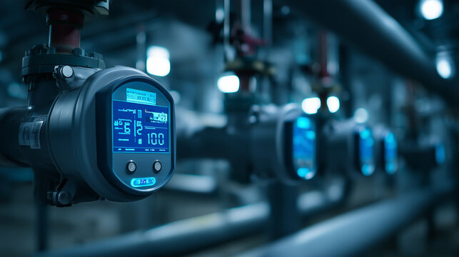 Modern digital flow meter installed on industrial pipeline for monitoring fluid flow and process automation. Smart manufacturing, industrial control and engineering technology concept.