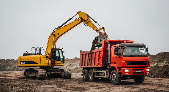 Yellow excavator loading red dump truck at a construction site