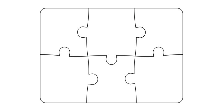 Outline connected puzzle 6 pieces frame. Frame blank puzzle 2x3 pieces. Template shape of Jigsaw puzzle pieces. Stock vector illustration isolated on white background.