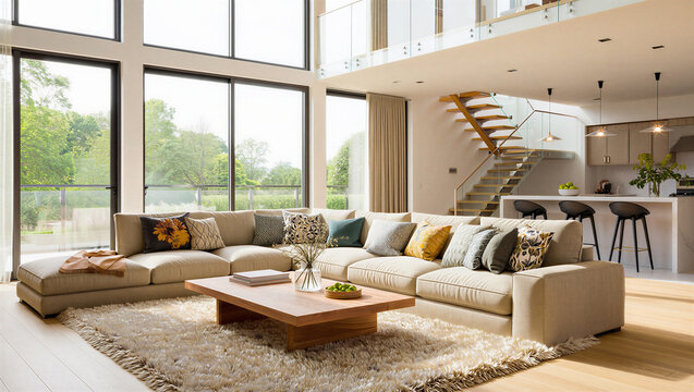 Spacious sunlit luxury living area with mezzanine and contemporary staircase, expansive floor to cei