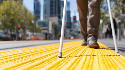 Low-angle view of person using crutches on tactile guidance paving in city street. Accessible urban design, mobility support, rehabilitation and disability inclusion concept.