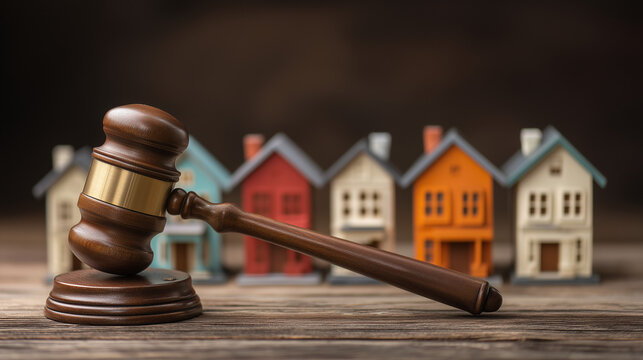 Judge gavel beside miniature houses symbolizing real estate law, property disputes, housing regulations, foreclosure and legal ownership concept.