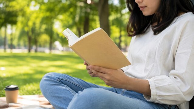 Woman reading a paperback book on a sunlit picnic blanket in a green park, holding the book and a takeaway coffee, relaxed outdoor study and leisure