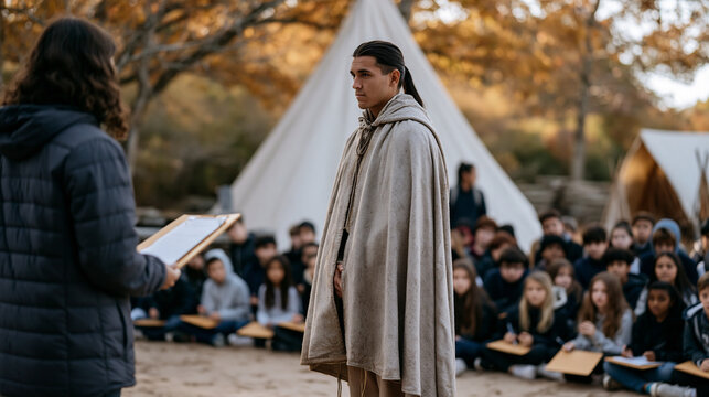 Colonial-era soldiers and Native American treaty negotiators reenacted by trained historians at an outdoor living history site, autumn foliage surrounding the encampment, a crowd