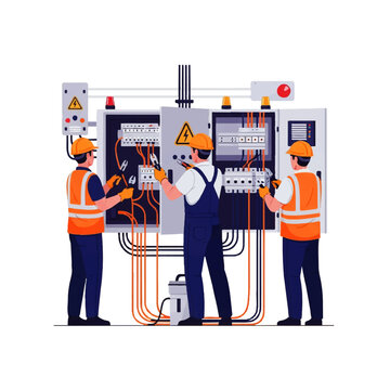 Vector flat design illustration of electricians working on a complex electrical panel with wires and safety equipment
