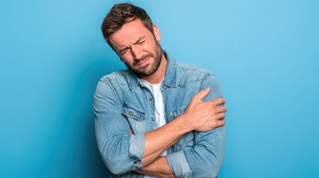 Man in Denim Shirt Clutching Shoulder in Pain: A man with a beard, wearing a denim shirt, clutches his shoulder in evident pain, his face contorted in discomfort, against a vibrant blue background.