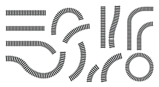 Various segments of railway tracks including straight, curved, and circular sections for building complex train transportation systems.