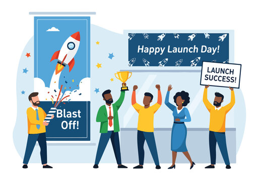 A cartoon illustration of people celebrating a rocket launch