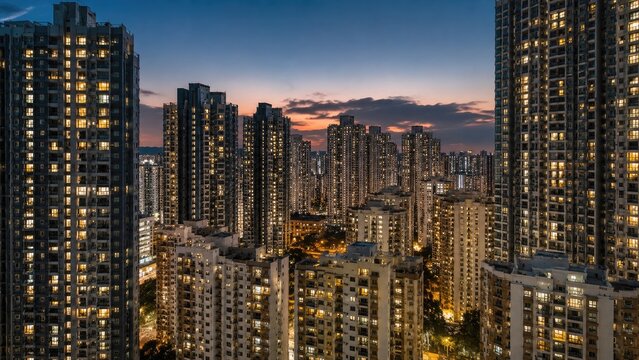 Dense cluster of illuminated high-rise apartment towers at dusk with a glowing city skyline and colorful sunset sky
