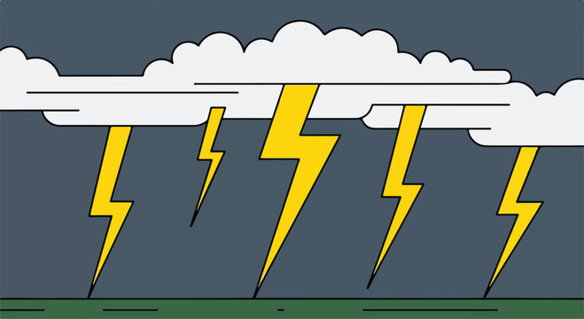 A cartoon illustration of four lightning bolts striking the ground