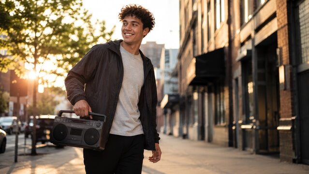 Young man walking a city sidewalk at sunset carrying a retro boombox, smiling in a casual urban outfit
