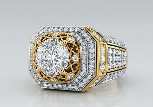 Luxurious mens diamond ring with intricate gold filigree and pave setting
