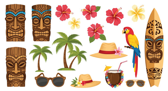 Vibrant set of tropical tiki masks, palm trees, hibiscus flowers, surfboard, parrot, and beach accessories for summer party design.