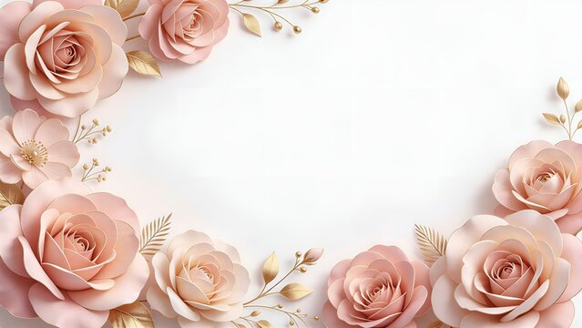 Elegant floral border graphic with beautiful pale blush pink rose flowers, with golden leaves on clean white background, charming and chic floral wallpaper