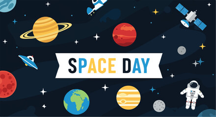 A colorful illustration of space with planets, stars, and spaceships © Mulyadi