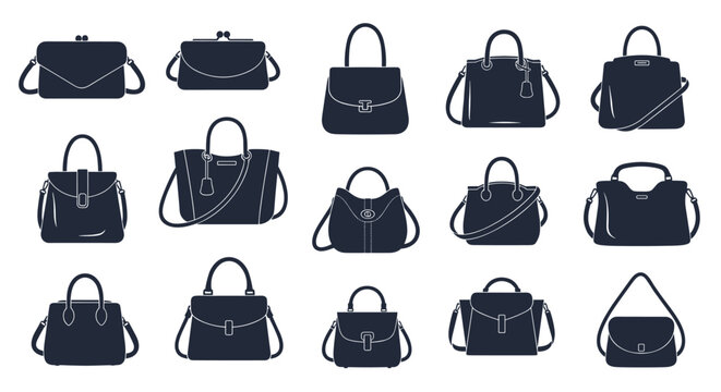 Comprehensive collection of elegant women's handbag silhouettes in various styles and sizes displayed in a grid layout.