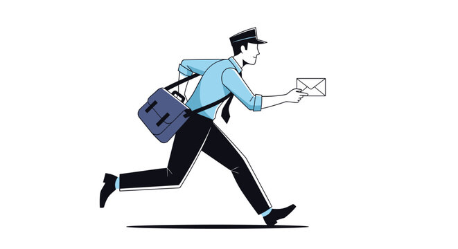 Professional postman in blue uniform running fast to deliver an envelope while carrying a large mail bag on his shoulder.