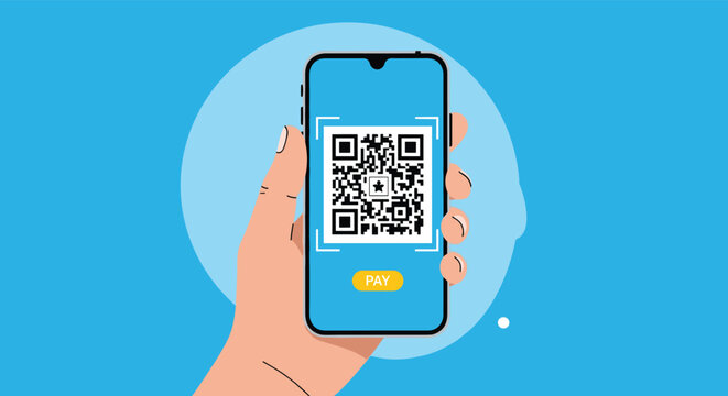 Human hand holding a smartphone displaying a QR code for mobile payment transaction over a blue circular background.