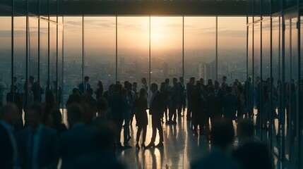 Plakat Corporate networking reception inside a high rise office with panoramic sunset city view
