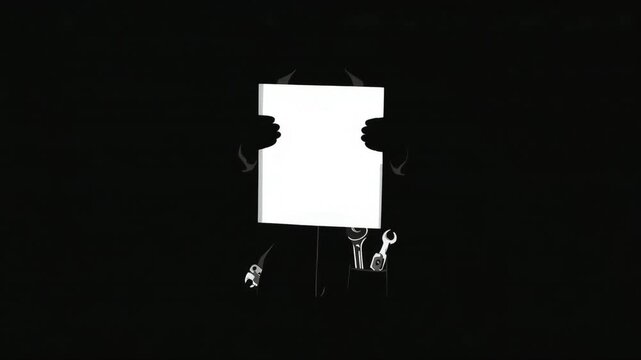 Mechanic holding blank white sign for advertisement motion video featuring various construction tools and industrial equipment in black background