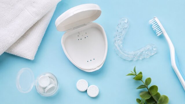 Flat lay of clear dental aligner with open storage case, cleaning tablets, toothbrush, towel and green sprig on a blue background