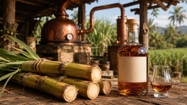 Amber aged rum bottle and glass beside sugarcane stalks at a rustic copper pot still distillery