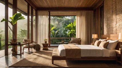 Fototapeta premium Luxurious tropical bedroom with stunning jungle views and natural light