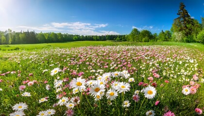Obraz premium Meadow With Lots Of White And Pink Spring Daisy Flowers In Sunny Day Nature Landscape In Estonia In Early Summer
