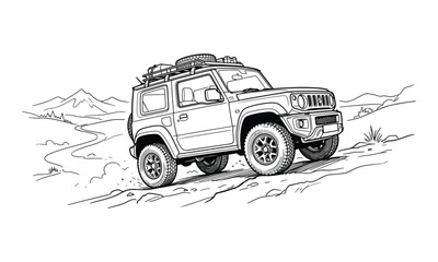 Off-road 4x4 SUV Driving on Mountain Road Coloring Page © progoz