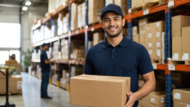 Smiling delivery worker in navy uniform holding a cardboard box inside a busy warehouse with shelving
