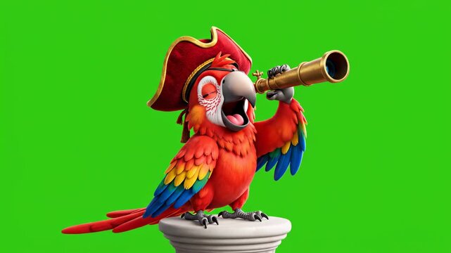 Animated Pirate Parrot with Telescope on Green Screen Background Exploring Distant Horizons