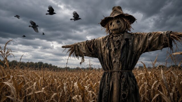 Tattered scarecrow stands in a dry cornfield under stormy skies as crows fly overhead, creating a moody, eerie Halloween-era harvest scene