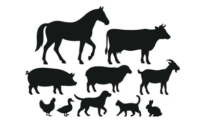 Obraz premium Farm Animal and Domestic Pet Silhouettes Set on White Background