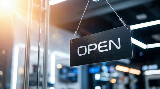 Open sign hanging on clear glass door at modern retail store entrance, welcoming customers for shopping experience.