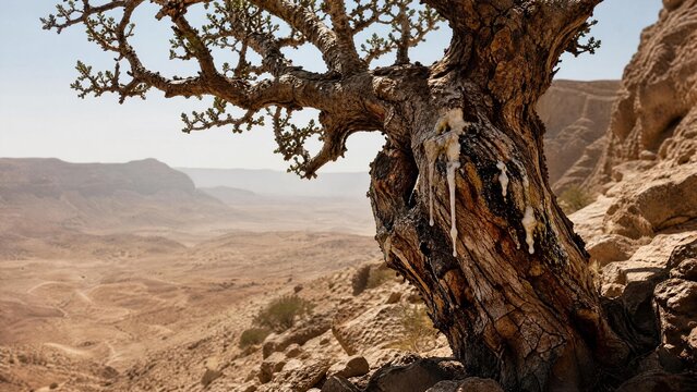 Twisted frankincense tree on cliff with white resin tears.