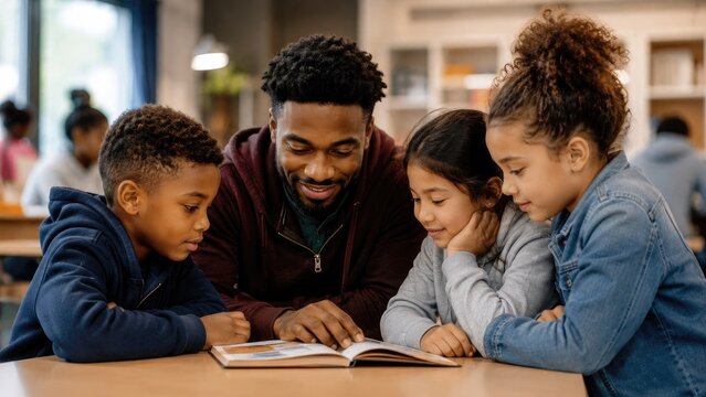 Male teacher reads a picture book with three attentive elementary students at a classroom table in a school library, fostering literacy and collaboration