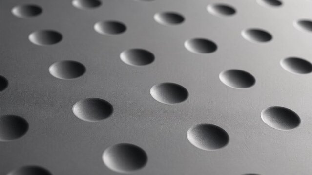Grid of circular indentations on gray surface with side lighting.
