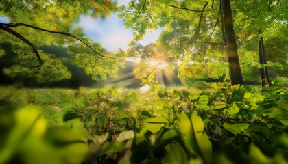 Fototapeta premium Sunlight Shining Through Green Leaves In A Peaceful Natural Setting Creating A Warm And Tranquil Atmosphere In The Early Morning Or Late Afternoon Bokeh Nature Tree Blur With Sunlight Shining