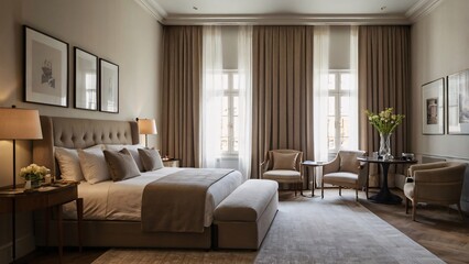 Fototapeta premium Elegant Luxury Hotel Bedroom Featuring Neutral Tones and Classic Sophisticated Interior Design