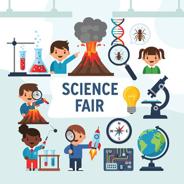 A colorful science fair poster with kids and experiments