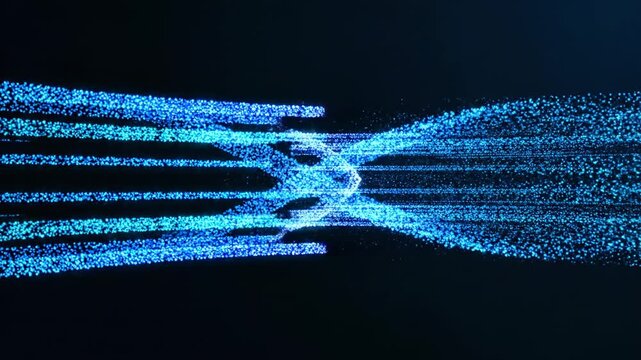 Blue light particles converge and diverge in abstract digital flow against dark background