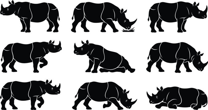 Javan Rhino Silhouettes Pack Rare Asian Rhinoceros Vector Wildlife Collection Isolated on transparent Background