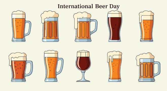 A graphic illustration of eight beer mugs and one wine glass