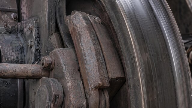 Rusted iron brake shoes clamped tightly against a steel train wheel.