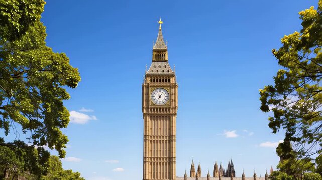 View of the Elizabeth Tower (Big Ben) clock rising above the Palace of Westminster in London, framed by trees against a clear blue sky highlighting Gothic architecture